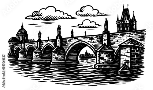 Charles Bridge in Prague Czech Republic Black and White Engraved Illustration