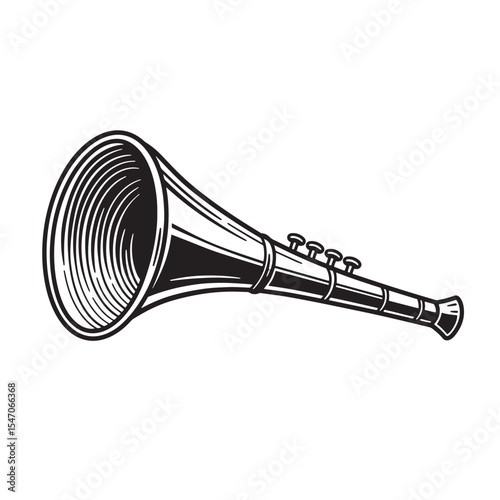 Vintage black and white silhouette illustration of a trumpet musical instrument