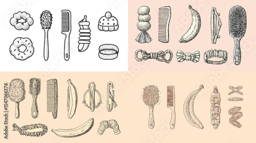 Vintage hand-drawn illustrations of hair accessories and tools including combs, brushes, scrunchies, clips, and hairbands. Perfect for beauty, fashion, and personal care design projects.