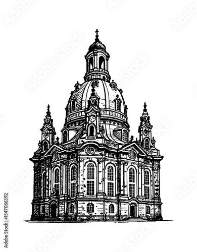 Detailed Black and White Engraving of the Frauenkirche Dresden Church