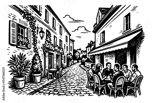 People Gathering at Outdoor Cafe on Cobblestone Street in Black and White Line Art Style