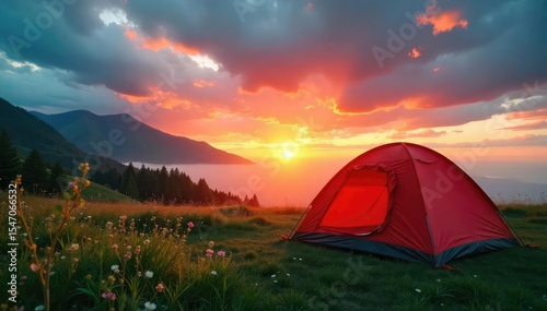 A vibrant sunrise paints the sky over a tent pitched in a lush green meadow, mist clinging to the distant hills The perfect weather for a camping adventure , tent, nature