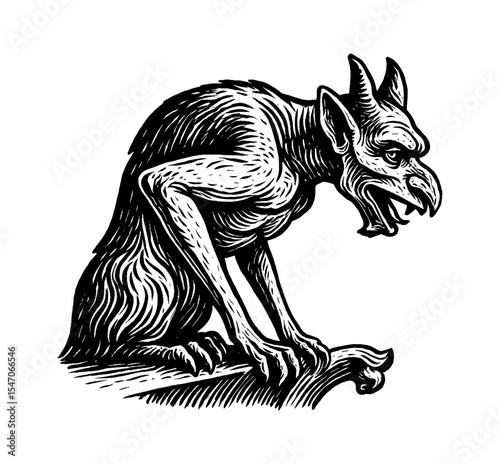 Engraved Illustration of a Gargoyle Perched on a Stone Ledge with Open Mouth