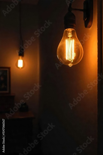 A warm, inviting glow from a vintage Edison bulb illuminates a dark room, casting soft shadows on the walls Perfect for concepts of nostalgia, ambiance, and home decor , old, energy, warm light