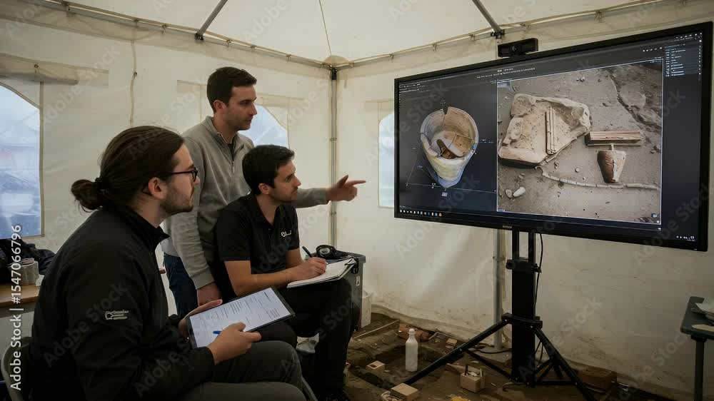 Archaeologists examining 3D model of artifacts