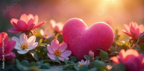 Close-up of a heart-shaped object nestled amongst blooming flowers, bathed in soft sunlight, conveying a sense of gentle affection and warmth , texture, tenderness