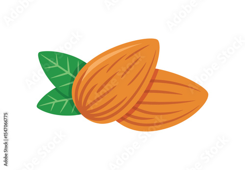 Vector Illustration of Almond Nuts with Green Leaves Isolated on White Background for Food Design

