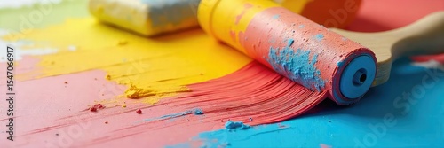 Close-up shot of a paintbrush and paint roller, tools for painting walls and other surfaces, ready for a DIY project or professional painting job Various colors of paint are visible , brush, handle