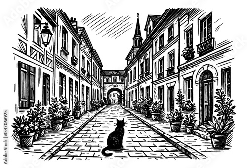 European City Street with Cat Silhouette in Black and White Engraved Style