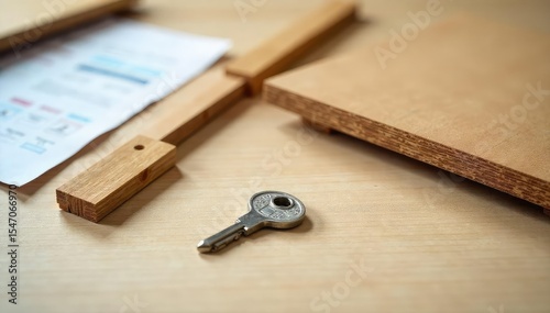 Close-up shot of various flatpack furniture components, including particleboard, cam locks, and Allen key, ready for assembly Instructions are visible in the background , panels, furniture, hardware