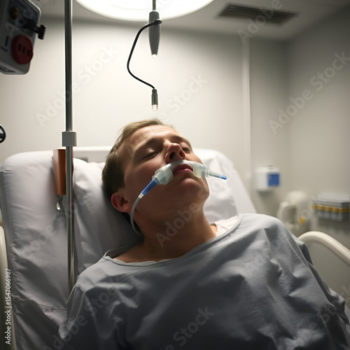 An intubated patient suspended between life and death in an ICU room.