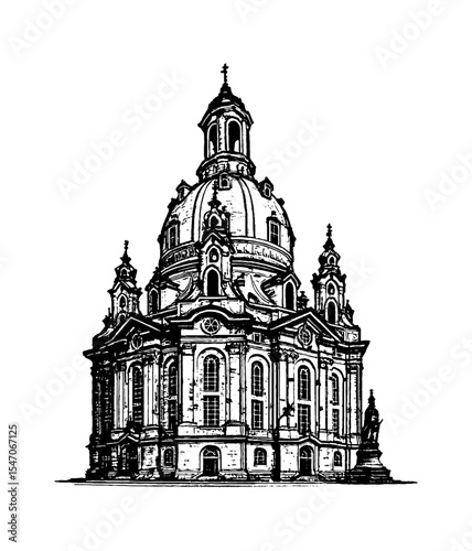 Detailed Black and White Engraving of Frauenkirche Dresden Church with Dome and Windows