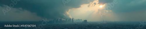 Dark, polluted clouds loom ominously over a cityscape, casting a grey shadow Smog hangs heavy in the air, obscuring the sun and creating a sense of environmental distress , depressing, unhealthy air