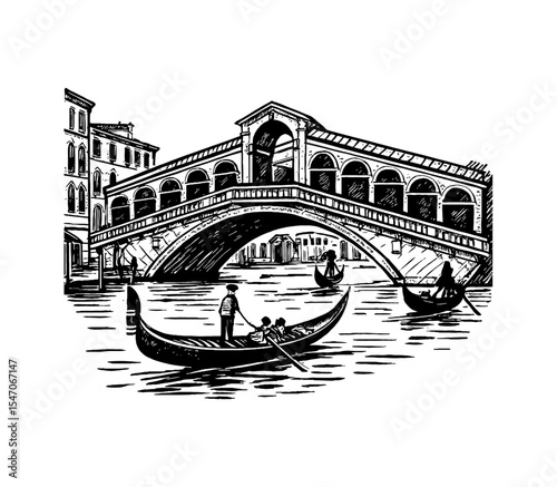 Engraved Style Illustration of Rialto Bridge and Gondolas in Venice, Italy