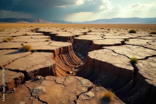 Dramatic cracked earth landscape after a powerful earthquake, revealing deep fissures and tectonic shifts Perfect for disaster, environmental, or geological projects , upheaval, seismic event