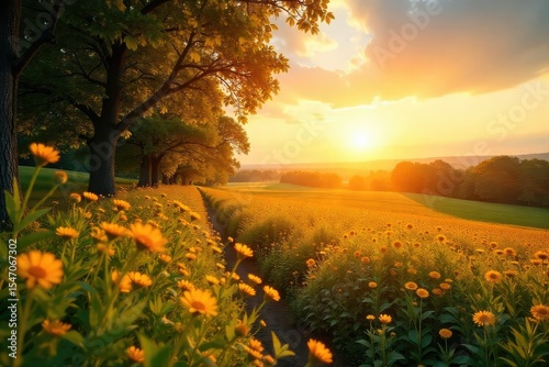 Golden hour sunlight bathes a landscape in warm, radiant glow, illuminating vibrant colors and casting long shadows Perfect for summer, nature, and travel themes , sunny, trees, gleam