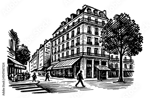 Black and white sketch of building with tree and people walking on crosswalk