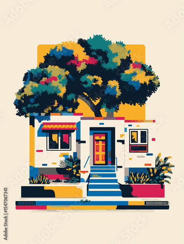 Vibrant City Home – Flat Tropical House Illustration in Neon Colors