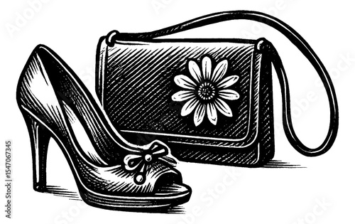 Elegant High Heel Shoe and Handbag with Flower Design in Detailed Engraving Style