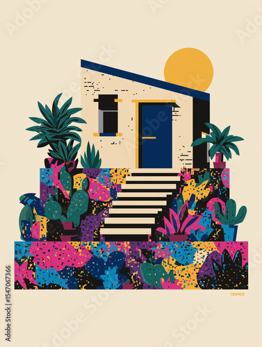 Tropical Urban House – Vibrant Flat Style Architecture Art
