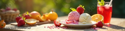 Ice cream melting on a sun-drenched patio table, surrounded by vibrant summer fruits and a refreshing beverage A quintessential scene of carefree summer indulgence , sunny, vacation, berries