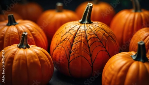 Intricate spiderweb design etched into the surface of multiple orange pumpkins, creating a spooky Halloween decoration Perfect for autumnal and fall themed projects , seasonal decor, autumn