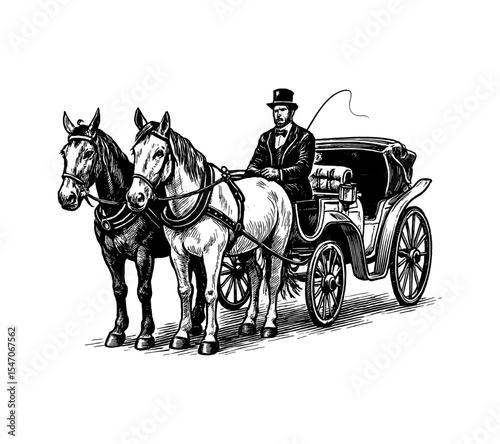 Man in Formal Suit Driving a Horse-Drawn Carriage in Detailed Black and White Engraving