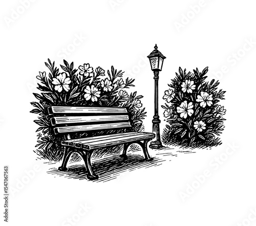 Bench and Lamp Post Surrounded by Flowers in Black and White Engraving Style