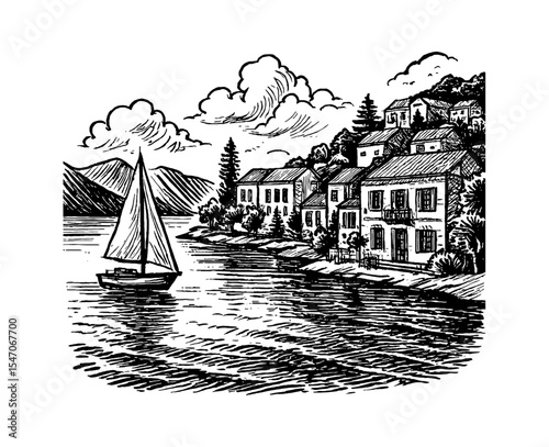 Scenic coastal village illustration with houses, sailboat, and mountains, in black and white detailed engraving style