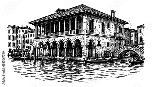 Venice Building with Columns and Arches Near Canal in Detailed Black and White Engraving Art