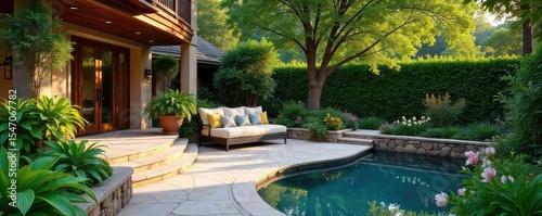 Serene patio landscape design featuring lush greenery, elegant stonework, and comfortable seating areas, perfect for relaxation and outdoor entertaining Ideal for a summer evening , softscape, calm