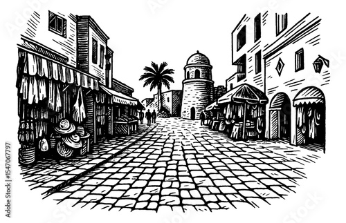 Street view of a Middle Eastern town with buildings and a tower in engraving style