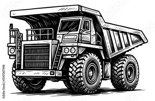 Illustration of a Heavy Dump Truck in Detailed Black and White Engraved Style Artwork