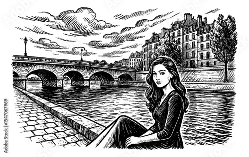 Woman sitting near river with bridge and building background in vintage drawing