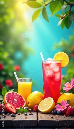 Vibrant summer scene bursting with colorful flowers, juicy fruits, and refreshing drinks Perfect for summer-themed projects, websites, and advertisements , heat, refreshing, delicious