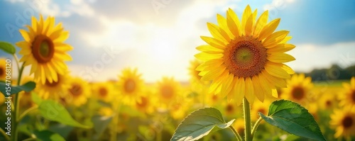 Vibrant sunflowers bask in the warm glow of summer sunshine, their golden petals reaching towards the sky A picturesque scene of nature's beauty and radiant energy , bright yellow, energy