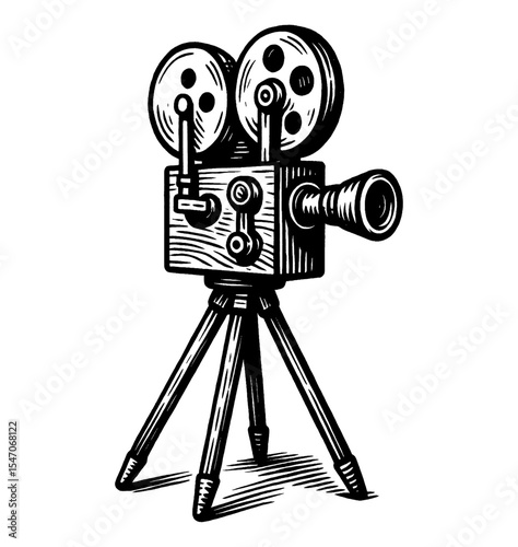Vintage Film Camera on Tripod in Detailed Black and White Engraved Style Illustration