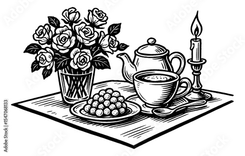 Black and White Illustration of Tea Still Life with Flowers and Candle on Table