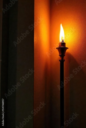 Warm, inviting glow of a lit interior torch casting dramatic shadows on a textured wall Perfect for ambiance, home decor, and travel themes , lighting, romantic