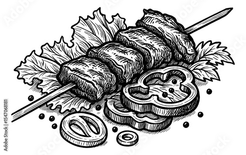 Illustration of Meat Kebab Skewer with Vegetables, Salad and Pepper in Black and White Engraving Style