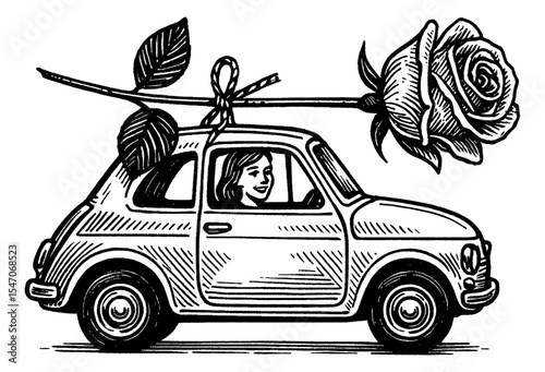 Illustration of a woman driving a car with a rose tied on the roof in black and white