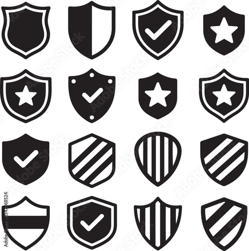Vector Security Badge Icon Collection — Black and White Flat Shield Icons