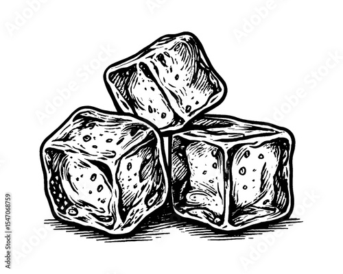Engraved Style Image of Three Ice Cubes Stacked on Top of Each Other with Details
