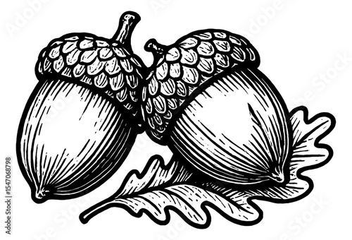 Detailed Black and White Drawing of Two Acorns with an Oak Leaf, Engraving Illustration