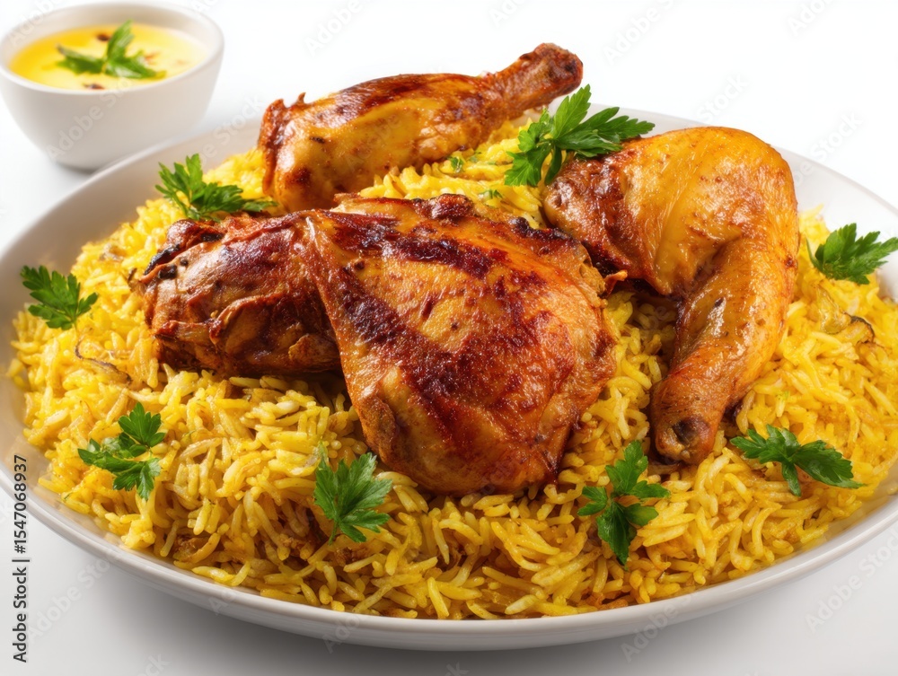 The national Saudi Arabian dish chicken kabsa with roasted chicken quarter white background The national Saudi Arabian dish chicken kabsa with roasted chicken quarter white background