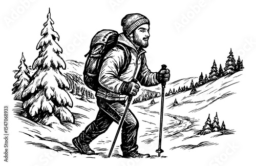 Man with Backpack Hiking in Snowy Mountain Landscape in Detailed Black and White Engraving