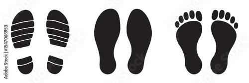 Footprint, set of footprint icon, Silhouette of footprints. Human foot and shoe print icons set.