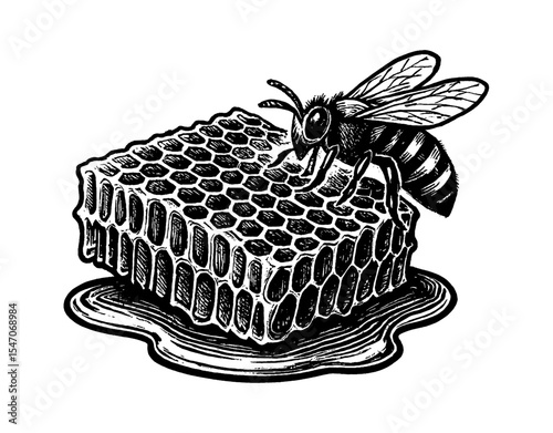 Bee on Honeycomb Block Illustration in Black and White Line Art Style