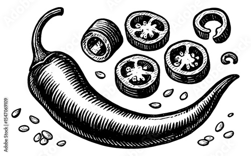 Hand Drawn Black and White Chili Pepper with Slices, Seeds, and Engraved Details