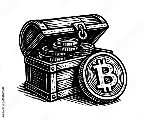 Open Treasure Chest Filled with Bitcoin Coins with a Bitcoin Coin in Front Engrave Art